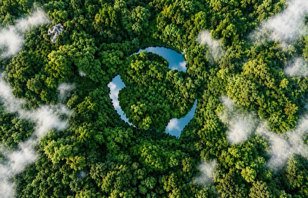 Aerial view of a forest with a recycling symbol